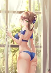 Rule 34 | 1girl, ass, back, blue bra, blue panties, blush, bra, breasts, brown hair, cowboy shot, earrings, flower, flower necklace, forest, girls&#039; frontline, green eyes, hair flower, hair ornament, hand on thigh, highres, indoors, jewelry, large breasts, long hair, looking at viewer, looking back, springfield (girls&#039; frontline), nature, necklace, panties, prothymos, sideboob, solo, thighs, underwear, window