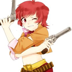 Rule 34 | 1girl, belt, gun, iria animi, jacket, midriff, one eye closed, open mouth, pants, red eyes, red hair, short hair, solo, tales of (series), tales of innocence, torn clothes, weapon