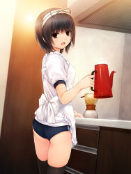 Rule 34 | 1girl, :d, aoyama sumika, apron, black hair, black thighhighs, brown eyes, buruma, coffee-kizoku, coffee maker, cowboy shot, from side, gym uniform, hairband, holding, indoors, kettle, kitchen, looking at viewer, looking back, open mouth, original, short hair, short sleeves, smile, solo, thighhighs