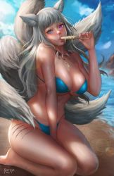 Rule 34 | 10s, 1girl, 2016, animal ears, artist name, bare shoulders, barefoot, beach, between legs, bikini, blue bikini, blue eyes, blue sky, breasts, cleavage, cloud, cloudy sky, collarbone, covered erect nipples, dated, day, dripping, eating, eyelashes, fingernails, food, fox ears, fox girl, fox tail, hand between legs, hand up, heterochromia, highleg, highleg bikini, ice cream, jewelry, large breasts, lipstick, long hair, makeup, multiple tails, nail polish, necklace, nopeys, nose, o-ring, o-ring bikini, o-ring top, ocean, original, outdoors, pink lips, pink nails, popsicle, purple eyes, scar, seiza, sexually suggestive, sitting, sky, solo, strap gap, string bikini, swimsuit, tail, white hair