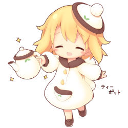 Rule 34 | 1girl, :d, ^ ^, aikei ake, blonde hair, blush, brown footwear, chibi, closed eyes, dress, full body, hat, highres, holding, long sleeves, open mouth, original, personification, puffy long sleeves, puffy sleeves, shoes, simple background, sleeves past wrists, smile, solo, sparkle, standing, standing on one leg, teapot, tilted headwear, translation request, white background, white dress, white hat