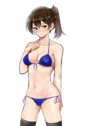 Rule 34 | 1girl, alternate costume, bare shoulders, bikini, black thighhighs, blue bikini, blush, breasts, brown eyes, brown hair, c-da, cleavage, cowboy shot, highres, kaga (kancolle), kantai collection, large breasts, long hair, looking at viewer, medium breasts, side ponytail, simple background, smile, solo, swimsuit, thighhighs, tsurime, white background