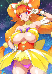 Rule 34 | 1girl, alternate breast size, amanogawa kirara, areola slip, blunt bangs, breasts, clenched teeth, commentary request, cure twinkle, earrings, gloves, go! princess precure, hand on own hip, highres, jewelry, joy ride, large breasts, long hair, looking at viewer, magical girl, multicolored hair, panties, pink panties, precure, purple eyes, red hair, smile, solo, star (symbol), star earrings, teeth, twintails, two-tone hair, underwear, v, very long hair, white gloves