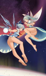 Rule 34 | 2girls, ascot, ass, backless dress, backless outfit, bare legs, barefoot, blue bow, blue dress, blue eyes, blue hair, bottomless, bow, cirno, crop top, daiyousei, dress, energy ball, fairy wings, feet, flying, from below, green eyes, green hair, hair bow, hair ribbon, highres, ice, ice wings, long hair, looking back, multiple girls, no panties, palms, parted lips, planet, profile, puchikya, puffy sleeves, ribbon, shooting star, short hair, short sleeves, side ponytail, smile, soles, space, touhou, upskirt, white bow, wings