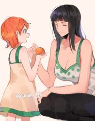 Rule 34 | 2girls, ^ ^, archived source, bad id, bad twitter id, bare arms, black hair, black pants, blunt bangs, character profile, closed eyes, closed mouth, commentary request, dress, food, fruit, holding, holding food, joman, korean commentary, looking at another, mandarin orange, multiple girls, nami (one piece), nico robin, one piece, open mouth, orange hair, pants, profile, short hair, simple background, smile, squatting, tank top, white background
