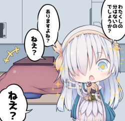 Rule 34 | +++, + +, 1girl, :o, afterimage, anastasia (fate), beni shake, blue cloak, blue eyes, blush, brown hairband, brown ribbon, cloak, commentary request, dress, fate/grand order, fate (series), hair over one eye, hair ribbon, hairband, holding, indoors, kotatsu, light brown hair, long hair, looking at viewer, lowres, open mouth, outstretched arm, pointing, ribbon, royal robe, silver hair, solo, sparkle, table, translation request, very long hair, white dress