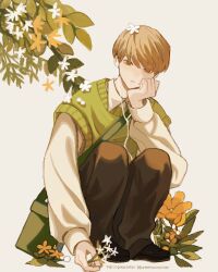 Rule 34 | 1boy, bishounen, black footwear, black pants, blonde hair, brown eyes, closed mouth, cognacbear, collared shirt, earphones, flower, full body, green sweater vest, hand on own chin, highres, leaf, long sleeves, looking at viewer, male focus, original, pants, shirt, simple background, solo, squatting, sweater vest, twitter username, white background, white shirt