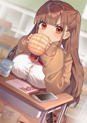 Rule 34 | 1girl, angry, bandaid, bandaid on knee, bandaid on leg, bread, breasts, brown eyes, brown hair, bursting breasts, cardigan, cellphone, character request, check commentary, commentary request, concha (food), copyright request, eating, food, highres, long hair, looking at viewer, melon bread, milk carton, notebook, phone, sakura yuki (clochette), school uniform, sitting, sleeves past wrists, solo