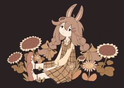 Rule 34 | 1girl, ahoge, animal ears, between legs, black eyes, buttons, closed mouth, collared shirt, commentary, dot nose, dress, english commentary, flower, hair between eyes, hair flower, hair ornament, hair ribbon, hairclip, hand between legs, highres, looking up, orange dress, orange ribbon, original, pink flower, rabbit ears, red footwear, ribbon, sepia, sepia background, shirt, simple background, sitting, smile, smiley face, solid oval eyes, solo, sunflower, sunflower hair ornament, white shirt, zozoru