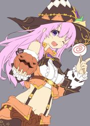 Rule 34 | 1girl, candy, dress, food, hair ornament, halloween costume, hat, highres, holding, lollipop, long hair, looking at viewer, navel, nepgear, neptune (series), normaland, one eye closed, pink hair, purple eyes, short dress, solo, witch hat