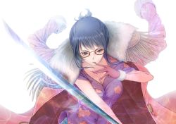 Rule 34 | 1girl, black eyes, black hair, breasts, cleavage, commentary request, epaulettes, facing viewer, glasses, gloves, highres, jacket, jacket on shoulders, katana, large breasts, one piece, red-framed eyewear, rinereeto, solo, sword, tashigi, weapon, white background