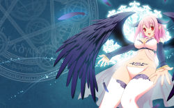 Rule 34 | 1girl, 47agdragon, black wings, breasts, cleavage, feathers, highres, horns, magic circle, open mouth, original, outstretched arms, outstretched hand, panties, pink hair, pixiv fantasia, pixiv fantasia 4, pointy ears, red eyes, see-through, short hair, solo, tattoo, thighhighs, underwear, underwear only, wallpaper, white thighhighs, wings