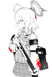 Rule 34 | 1girl, absurdres, ahoge, armband, bag, beretta 1301, blood, blood on clothes, blood on face, blue archive, briefcase, closed mouth, collared shirt, cowboy shot, expressionless, fingerless gloves, gloves, greyscale, gun, halo, highres, hoshino (blue archive), hoshino (young) (blue archive), limited palette, long sleeves, looking ahead, lpleader, monochrome, necktie, plaid, plaid skirt, shirt, short hair, shotgun, simple background, skirt, spot color, tactical clothes, vest, weapon, white background
