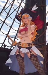 Rule 34 | 1girl, absurdres, arm tattoo, bare shoulders, breasts, brown eyes, closed mouth, cloud, cloudy sky, coin, commentary, english commentary, fishnet thighhighs, fishnets, hat, hat feather, highres, holding, holding coin, long hair, looking at viewer, midriff, nami (one piece), navel, nordicmonke, official alternate costume, one piece, one piece film: red, orange hair, outdoors, pirate hat, realistic, sky, smile, solo, sword, tattoo, thighhighs, underboob, weapon