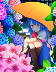 Rule 34 | 1girl, aqua flower, blue flower, blue hair, blue skirt, blush, boots, bow, bowtie, brown footwear, commentary request, cross-laced footwear, flower, hat, highres, hinanawi tenshi, holding, holding umbrella, hydrangea, knee boots, lace-up boots, leaf, looking at viewer, mechanical pencil, morino kino, pencil, pink flower, puffy short sleeves, puffy sleeves, purple flower, rain, red bow, red bowtie, red eyes, short sleeves, skirt, smile, solo, squatting, touhou, umbrella