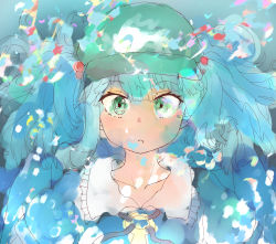 Rule 34 | 1girl, blue eyes, blue hair, closed mouth, collared shirt, green hat, hair bobbles, hair ornament, hat, highres, kawashiro nitori, looking at viewer, shirt, short hair, short twintails, solo, touhou, twintails, xp543387