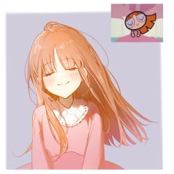 Rule 34 | 1girl, blossom (ppg), blush, buttercup redraw challenge (meme), closed eyes, derivative work, highres, long hair, long sleeves, meme, orange hair, pajamas, pink pajamas, powerpuff girls, reference inset, screenshot inset, screenshot redraw, shadow, smile, solo, upper body, xuanqing0726