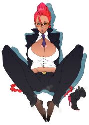Rule 34 | belt, belt buckle, black pants, blue eyes, boots, unworn boots, braid, braided ponytail, breasts, buckle, business suit, cameltoe, capcom, cleavage, crimson viper, crop top, cropped jacket, earrings, formal, highres, huge breasts, jacket, jewelry, kyuraa (kyura9een), lips, long hair, looking at viewer, mature female, midriff, navel, necktie, open clothes, open jacket, pants, red hair, shirt, sitting, socks, steaming body, street fighter, street fighter iv (series), suit, sunglasses, tight clothes, tight shirt, white background, white shirt