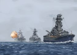 Rule 34 | admiral graf spee, battleship, bismarck, cannon, commentary, day, grey sky, highres, hozumi sousei, military, military vehicle, no humans, ocean, real life, scenery, ship, sky, turret, vehicle focus, warship, watercraft, waves, yamato