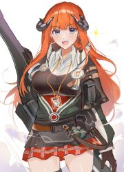 Rule 34 | 1girl, :d, arknights, bagpipe (arknights), black capelet, black gloves, blue eyes, breasts, capelet, commentary request, cowboy shot, gloves, green jacket, gunlance, highres, horns, id card, jacket, kaguura (kagu), lanyard, large breasts, long hair, long sleeves, looking at viewer, miniskirt, open mouth, orange hair, pleated skirt, red skirt, single glove, sketch, skirt, smile, solo, standing, thighhighs, thighs, very long hair, weapon, white background, zettai ryouiki