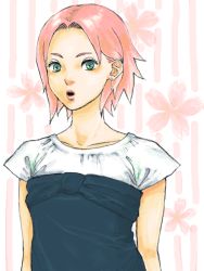Rule 34 | 1girl, alternate costume, artist request, collarbone, dress, earrings, eyelashes, flat chest, floral background, flower, green eyes, haruno sakura, jewelry, lips, looking at viewer, naruto, naruto (series), open mouth, pink hair, short hair, short sleeves, solo, upper body