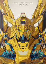 Rule 34 | artist name, azzalea, character name, commentary, english commentary, gundam, gundam narrative, highres, looking at viewer, mecha, mobile suit, no humans, nt-d, portrait, robot, science fiction, solo, unicorn gundam phenex, v-fin, watermark, yellow eyes