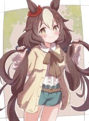 Rule 34 | alternate costume, animal ears, belt, blush, brown hair, casual, commentary request, hair ornament, highres, horse ears, horse girl, horse tail, layered sleeves, long hair, long sleeves, looking at viewer, low twintails, short over long sleeves, short shorts, short sleeves, shorts, simple background, smile, sunanuko (ramuneko), tail, twintails, umamusume, yamanin zephyr (umamusume)