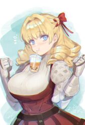Rule 34 | 1girl, blonde hair, blue eyes, blush, breasts, bubble tea, bubble tea challenge, dress, drill hair, drinking straw, drinking straw in mouth, hair intakes, hair ribbon, highres, large breasts, long hair, looking at viewer, object on breast, ouosoul, red dress, ribbon, scarlett (unicorn overlord), solo, sweater, sweater under dress, turtleneck, turtleneck sweater, unicorn overlord