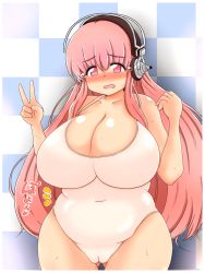 Rule 34 | 1girl, bare shoulders, belly, blush, breasts, cameltoe, cleavage, covered navel, curvy, headphones, huge breasts, leotard, looking at viewer, nitroplus, no-biru, open mouth, pink eyes, pink hair, plump, solo, standing, super sonico, sweat, swimsuit, tearing up, v, wide hips
