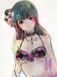 Rule 34 | 1girl, bad id, bad pixiv id, bikini, black bikini, black hair, blunt bangs, breasts, choker, cleavage, closed mouth, collarbone, earrings, flower, frilled bikini, frills, hair flower, hair ornament, highres, jewelry, long hair, looking at viewer, love live!, love live! sunshine!!, navel, necklace, red eyes, simple background, sketch, small breasts, smile, solo, swimsuit, tsushima yoshiko, upper body, uro (m369), white background, white flower
