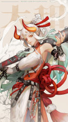 Rule 34 | 1girl, alternate costume, bare shoulders, belt, breasts, china dress, chinese clothes, closed mouth, club, club (weapon), curled horns, detached sleeves, dress, dywx poison, feet out of frame, fingernails, gradient hair, green hair, grey hair, hair ornament, hair stick, hand up, high ponytail, highres, horns, impossible clothes, impossible dress, kanabou, large breasts, light smile, lips, long hair, looking at viewer, multicolored hair, multicolored horns, nail polish, one piece, oni, orange eyes, orange horns, over shoulder, red horns, red nails, rope, side slit, sidelocks, sleeveless, sleeveless dress, solo, standing, two-tone hair, very long hair, watermark, weapon, weapon over shoulder, web address, yamato (one piece)
