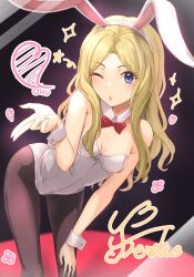 Rule 34 | 1girl, animal ears, bare arms, bent over, blonde hair, blowing kiss, blue eyes, bow, bowtie, breasts, character name, cleavage, detached collar, dress, fake animal ears, fake tail, fishnet pantyhose, fishnets, frenda seivelun, hair intakes, hairband, hand on own knee, heart, highres, k3rd, leotard, long hair, looking at viewer, one eye closed, open mouth, pantyhose, playboy bunny, rabbit ears, rabbit tail, red bow, red bowtie, small breasts, solo, strapless, strapless dress, tail, toaru kagaku no railgun, toaru majutsu no index, white dress, white hairband, wing collar, wrist cuffs