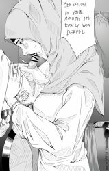 Rule 34 | 1boy, 1girl, censored, fellatio, greyscale, hijab, incest, jewelry, mature female, monochrome, older woman and younger man, oral, rainfall 404, ring, speech bubble