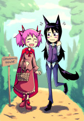 Rule 34 | 2girls, :d, akemi homura, animal ears, basket, big bad wolf, big bad wolf (cosplay), black hair, cape, cloak, closed eyes, cosplay, flying sweatdrops, hairband, hood, kaname madoka, little red riding hood, little red riding hood (grimm), little red riding hood (grimm) (cosplay), long hair, mahou shoujo madoka magica, mahou shoujo madoka magica (anime), multiple girls, open mouth, pink hair, purple eyes, setz, short hair, short twintails, smile, tail, twintails, wolf ears, wolf tail