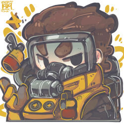 Rule 34 | 1boy, absurdres, apex legends, black eyes, brown hair, caustic (apex legends), gas grenade, gas mask, gloves, goggles, hair behind ear, hazmat suit, highres, jrpencil, looking to the side, male focus, mask, portrait, solo, yellow gloves