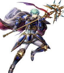 Rule 34 | 1boy, armor, armored boots, asatani tomoyo, blue armor, blue eyes, boots, cape, elbow pads, ephraim (fire emblem), fire emblem, fire emblem: the sacred stones, fire emblem heroes, full body, gauntlets, green hair, highres, holding, holding weapon, looking away, male focus, nintendo, non-web source, official art, pants, parted lips, polearm, short hair, shoulder armor, shoulder pads, solo, transparent background, weapon
