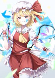 Rule 34 | 1girl, blonde hair, blurry, bow, breasts, bug, butterfly, chromatic aberration, cloud, commentary request, cowboy shot, crystal, depth of field, finger painting, flandre scarlet, hat, hat bow, highres, index finger raised, insect, looking down, mob cap, one side up, paint, paint splatter, paint splatter on face, partial commentary, petticoat, puffy short sleeves, puffy sleeves, red bow, red eyes, red skirt, red vest, short hair, short sleeves, skirt, skirt set, sky, small breasts, solo, standing, thighhighs, totoraisu, touhou, vest, white background, white hat, white thighhighs, wings, wrist cuffs, yellow neckwear, zettai ryouiki
