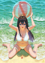 Rule 34 | 1girl, :d, absurdres, armpits, arms behind head, ball, barefoot, beach, beachball, bikini, black hair, blue eyes, blush, breasts, cleavage, commentary request, crab, darkmuleth, day, highres, large breasts, long hair, looking at viewer, navel, ocean, open mouth, original, smile, solo, swimsuit, thigh strap, white bikini