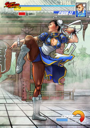 Rule 34 | 1girl, boots, bracelet, breasts, brown hair, bun cover, capcom, china dress, chinese clothes, chun-li, cleavage cutout, clothing cutout, double bun, dress, fighting stance, health bar, jewelry, large breasts, leonardo paciarotti, pantyhose, short hair, solo, spiked bracelet, spikes, street fighter