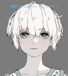 Rule 34 | 1girl, blue eyes, closed mouth, d.k, grey background, looking at viewer, nier, nier (series), short hair, simple background, smile, solo, white hair, yonah