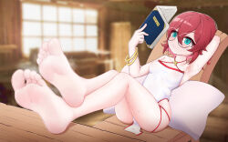 1girl barefoot blue_eyes book china_dress chinese_clothes dress feet glasses highres medium_hair mousou_oji original reading red_hair round_eyewear see-through_clothes soles steam sweat toes