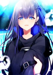 Rule 34 | 1girl, black coat, blue eyes, blue ribbon, blurry, blurry background, blush, coat, fate/grand order, fate (series), hair ribbon, highres, long hair, long sleeves, meltryllis (fate), open mouth, ponita, pov, pov hands, purple hair, ribbon, sleeves past wrists, smile, solo, solo focus, upper body, very long hair, water drop