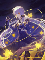 Rule 34 | 1girl, ahoge, bare shoulders, cable, cecil86, clothes lift, constellation, dress, dress lift, elbow gloves, fingerless gloves, floating hair, gloves, highres, light purple hair, long hair, looking at viewer, microphone, pointing, pointing at viewer, sidelocks, solo, star (sky), stardust, twintails, very long hair, vocaloid, vocanese, xingchen, yellow eyes