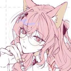 Rule 34 | 1girl, animal ears, arknights, bespectacled, collared shirt, glasses, hair ornament, hand up, highres, holding, holding pen, looking at viewer, nib pen (object), panties, parted lips, pen, pink eyes, pink hair, portrait, pozyomka (arknights), round eyewear, shirt, simple background, solo, ucheong 1224, underwear, white background, white panties, white shirt, wolf ears, wolf girl