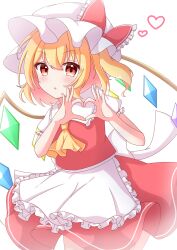 Rule 34 | 1girl, :o, absurdres, ako oekaki, apron, ascot, blonde hair, blush, bow, cowboy shot, crystal wings, dot nose, flandre scarlet, frilled apron, frilled bow, frilled hat, frilled shirt collar, frilled sleeves, frills, hair between eyes, hands up, hat, hat bow, heart, heart hands, highres, looking at viewer, mob cap, orange eyes, own hands together, parted lips, puffy short sleeves, puffy sleeves, red bow, red skirt, red vest, shirt, short hair, short sleeves, simple background, skirt, solo, standing, touhou, vest, waist apron, white apron, white background, white shirt, yellow ascot