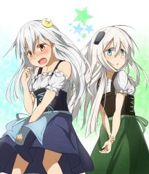 Rule 34 | 10s, 2girls, alternate costume, apron, arms behind back, blush, clothes lift, corset, crescent, crescent hair ornament, dirndl, fang, german clothes, green eyes, hair ornament, highres, kantai collection, kikuzuki (kancolle), looking back, multiple girls, silver hair, simple background, skirt, skirt lift, star (symbol), u-511 (kancolle), umitaka (takami1106), underbust, wind, wind lift