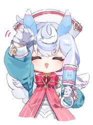Rule 34 | 1girl, :d, ^ ^, animal ears, apron, aqua shirt, arm up, blue hair, blush, bow, bowtie, brooch, buttons, closed eyes, commentary request, crossed bangs, genshin impact, gloves, gradient hair, hair between eyes, hand up, hat, highres, holding, holding rattle, jewelry, long sleeves, low twintails, meda cha, medium hair, multicolored hair, nurse cap, open mouth, outstretched arm, puffy long sleeves, puffy sleeves, purple hair, rattle, red bow, red bowtie, shirt, sidelocks, sigewinne (genshin impact), simple background, sleeve cuffs, smile, solo, twintails, upper body, white apron, white background, white gloves, white hat
