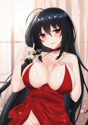 Rule 34 | 1girl, alcohol, azur lane, bare shoulders, black hair, blush, breasts, champagne, champagne flute, choker, cleavage, collarbone, cup, dress, drinking glass, hair between eyes, halter dress, halterneck, head tilt, highres, indoors, kurigura (sketch san), large breasts, light rays, long hair, looking at viewer, no panties, official alternate costume, parted lips, pouring, pouring onto self, red choker, red dress, red eyes, sash, smile, solo, taihou (azur lane), taihou (forbidden feast) (azur lane), very long hair, window