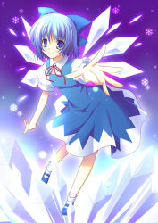 Rule 34 | blue eyes, blue hair, bow, cirno, embodiment of scarlet devil, ice, narumi yuu (bunbukudou), outstretched arm, outstretched hand, reaching, short hair, solo, touhou, wings