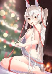 Rule 34 | 1girl, ayanami (azur lane), azur lane, barefoot, blurry, blurry background, blush, breasts, butt crack, christmas, christmas tree, eyes visible through hair, fire, grey sweater, hair between eyes, hair ornament, hand on own chest, headgear, highres, long hair, looking at viewer, medium breasts, meme attire, mouth hold, no bra, no panties, ponytail, ribbon, sideboob, sidelocks, sironora, sitting, solo, sweater, underboob, very long hair, virgin killer sweater, wariza
